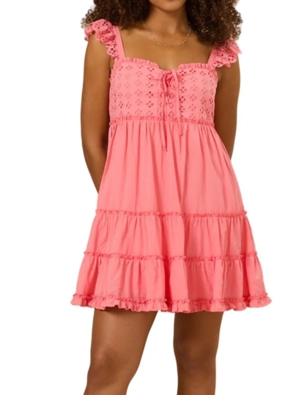 ALTAR'D STATE Dress Tiered Ruffled Ruched Pinafore Back Tie Bow Peach Coral NWOT